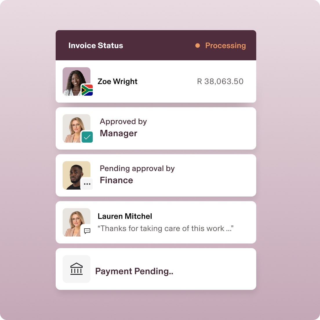 Bildschirm für den Rechnungsstatus, der zeigt, dass die Zahlung von 38 063,50 R verarbeitet wird. Diese Zahlung wurde von der Führungskraft genehmigt, muss aber noch vom Finanzteam genehmigt werden. Der Zahlungsstatus ist auch zu sehen.