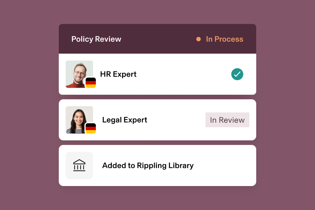 Illustration of a screen in Rippling titled Policy Review with the status set to In Process