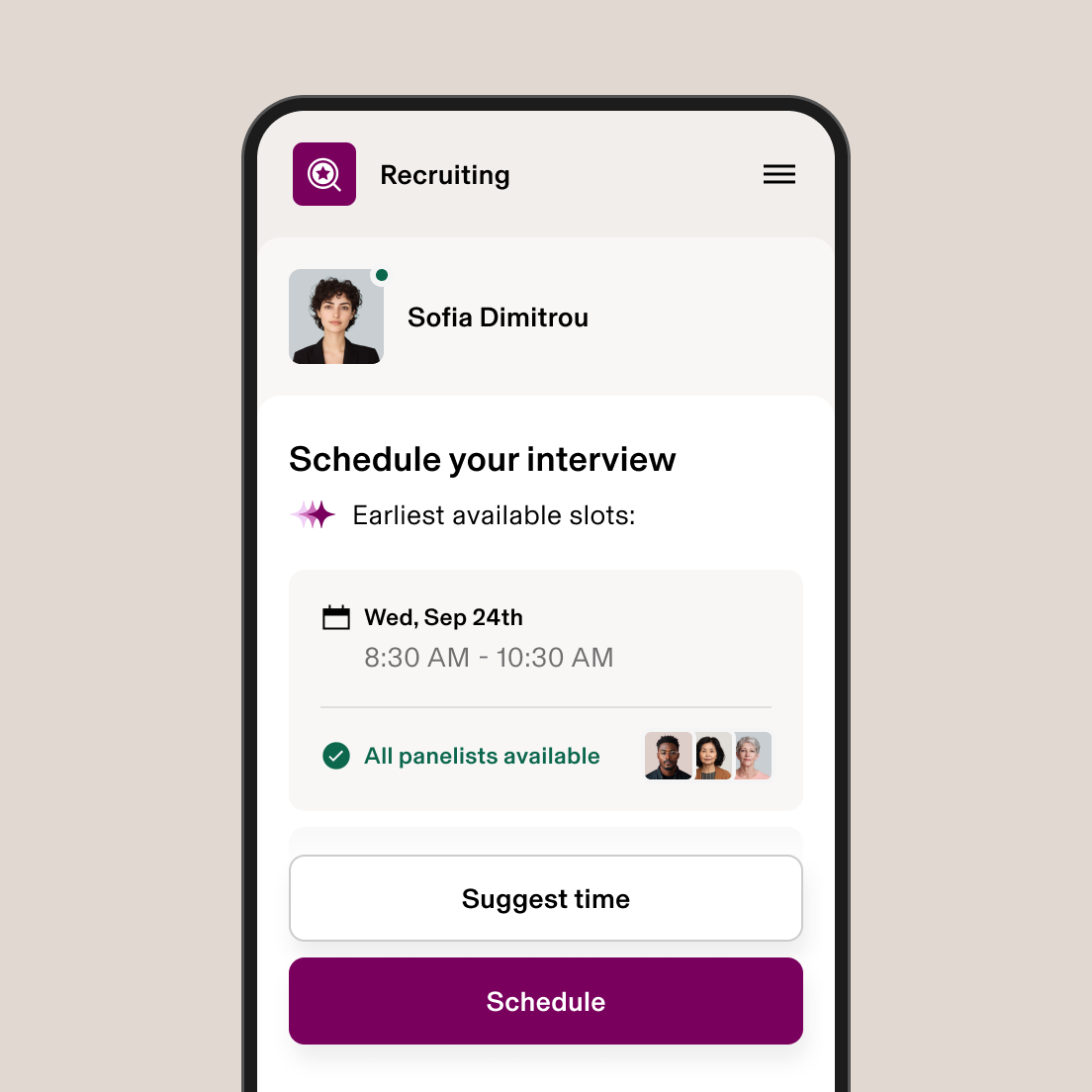 Mobile recruiting app showing interview scheduling screen with available slot on September 24th and panel availability status.