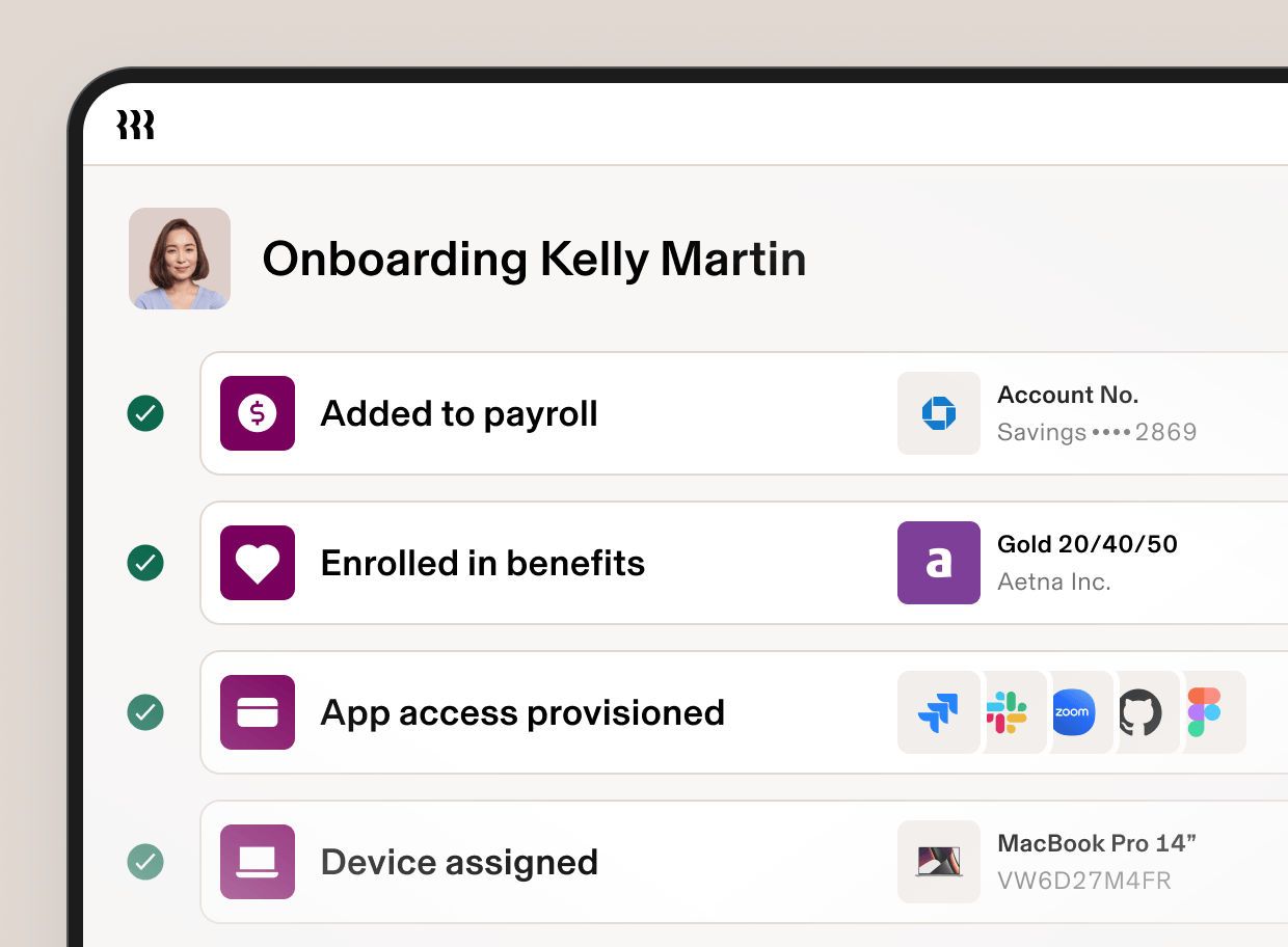 HR onboarding dashboard showing new Software Engineer's details, payroll status, benefits enrollment, and app access provisioning.