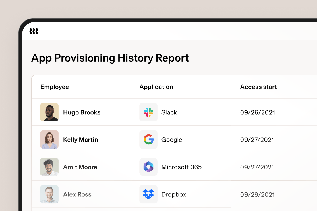 App Provisioning History Report showing employee access to various applications like Slack, Google, and Microsoft 365 with start dates.