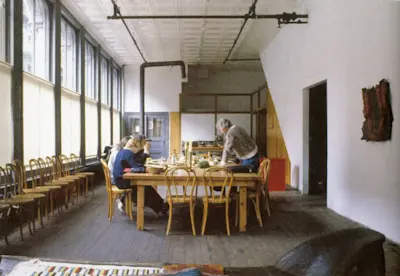 Donald Judd with Annemarie Verna, Ellie Meyer, and Gianfranco Verna. Photo 1984.