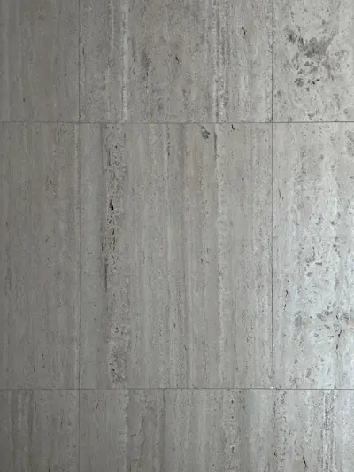 Detail of the travertine flooring. 392 pieces make up the main level. A perfect grid 28 pieces long, 14 pieces wide.