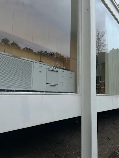 View from the ground of the expansive linear kitchen.