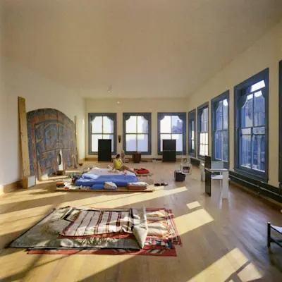 Julie Finch Judd with Flavin and Rainer Judd. Photo 1970.