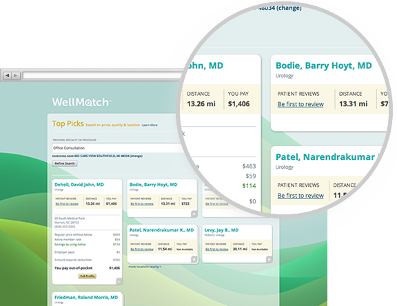 WellMatch provider search results being compared