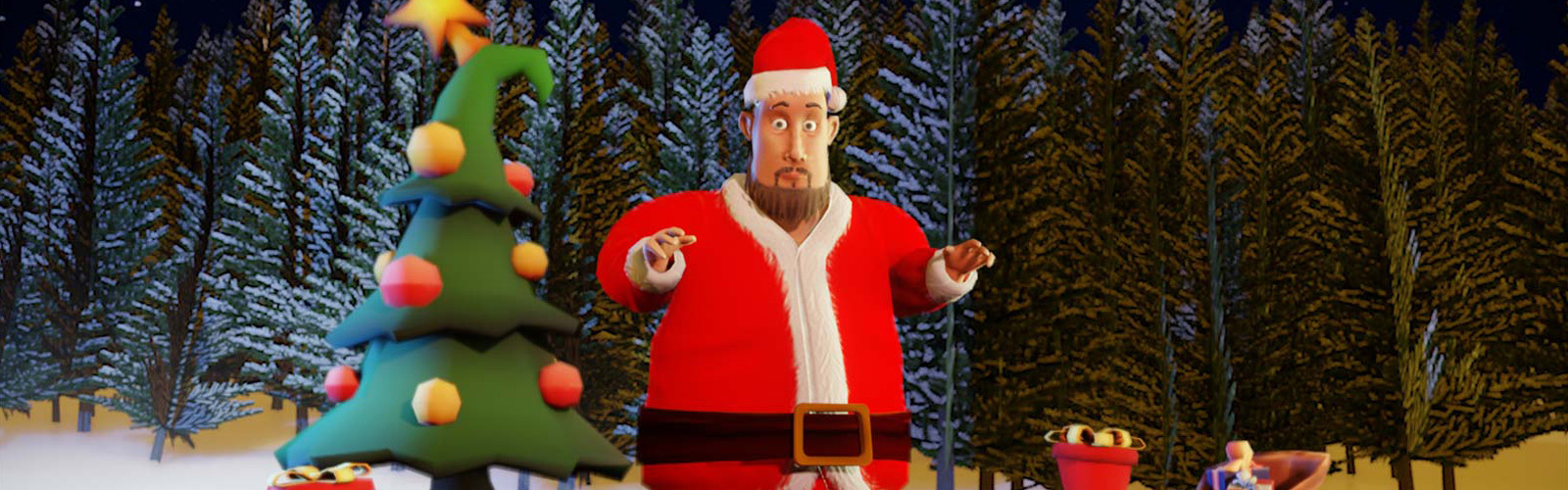 Eden's director Craig 3D modelled in a Father Christmas outfit next to a 3D Christmas tree in a 3D world