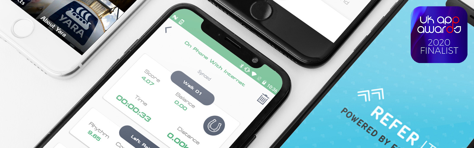 Some of the mobile apps that Eden Agency designed and developed shown on iPhones, with the UK App Awards 2020 Finalist badge in the top corner.
