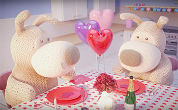 Two Boofles sat at a table having a Valentine's Day date