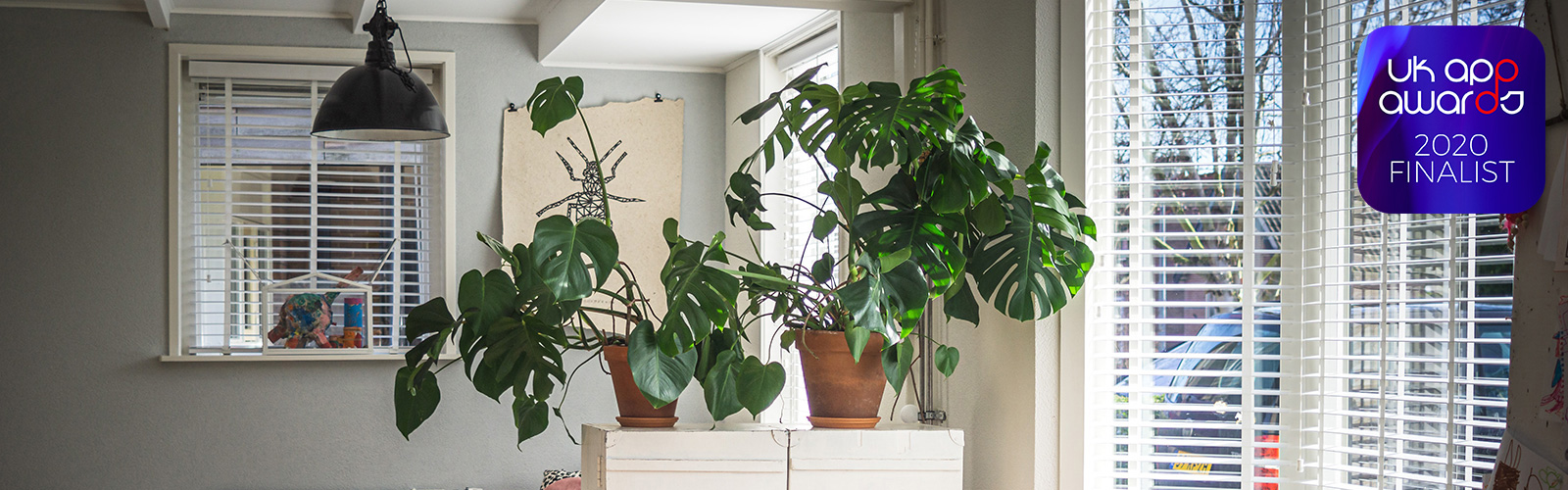 Two plant pots with leafy plants on top of a shelf inside a home, with UK App Awards 2020 Finalist badge in the top right corner.