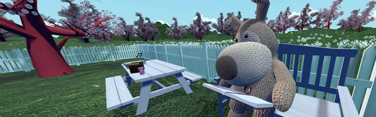 Boofle in his 3D world sat on a bench reading a book