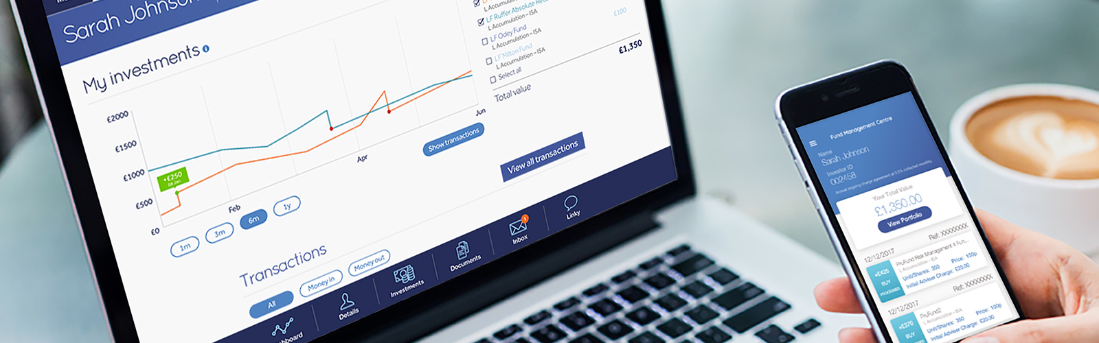 A person looking at Link's Fund Management Centre (FMC) on their laptop and mobile device at the same time