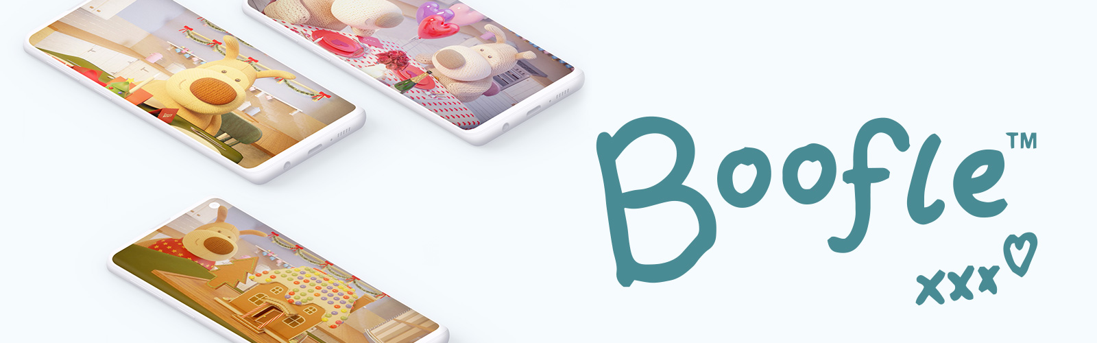3 mobile devices showing 3 different Boofle 3D animations next to the Boofle logo