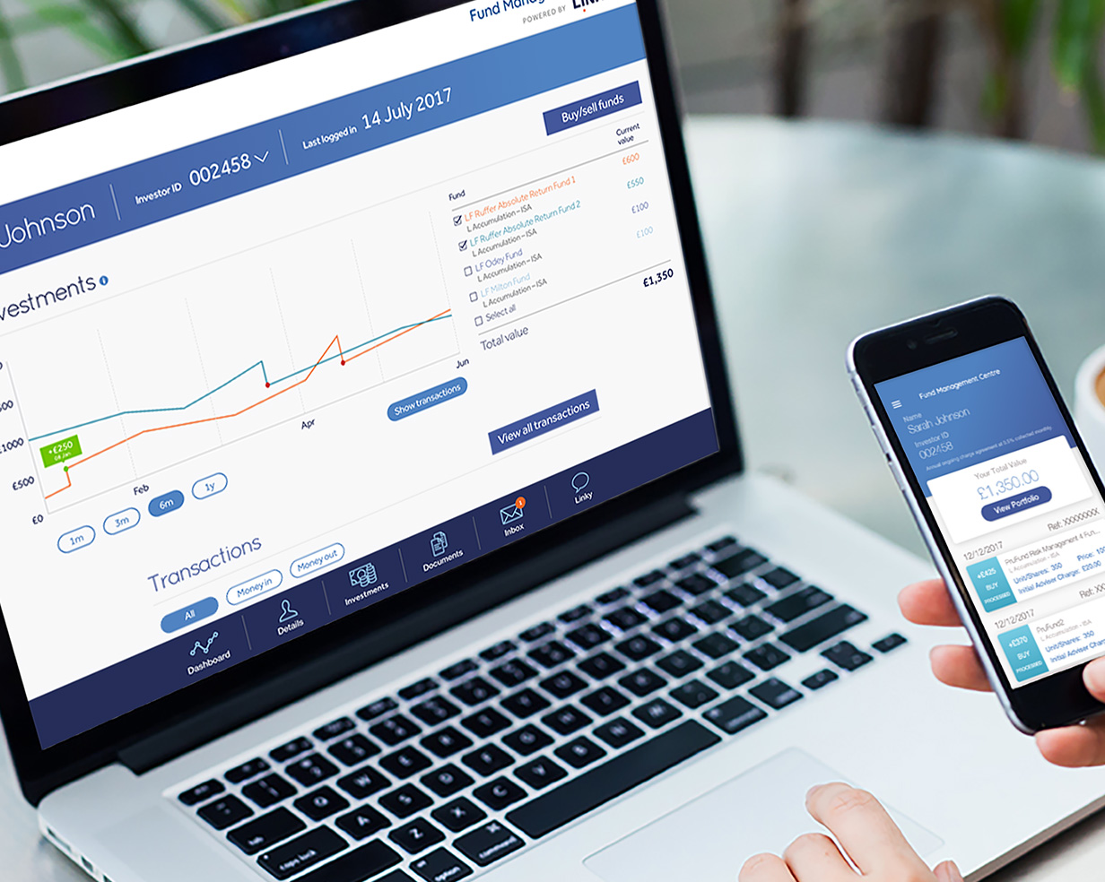 A person looking at Link's Fund Management Centre (FMC) on their laptop and mobile device at the same time