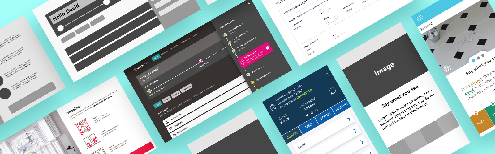 Various Eden Agency web design and app design concepts, shown through different UX design stages, with sketches, prototypes and final products.