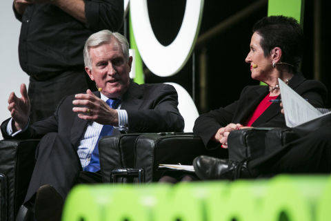 Dr John Hewson on stage at Sydney Town Hall for CityTalks event, August 2015.
