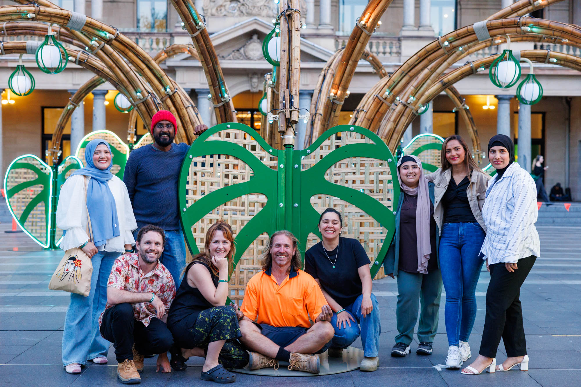 Some of the Rohingya and non-Rohingya collaborators and creatives who have brought Meeras Pavilion to life. Image: Phoebe Pratt / City of Sydney