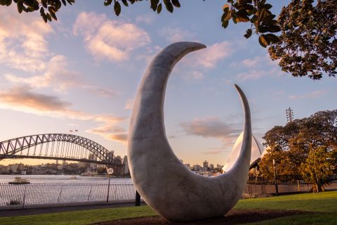 bara, meaning shell hook, by Waanyi artist Judy Watson, is a public monument honouring the Gadigal of the Eora Nation. It rests on the lawns overlooking Dubbagullee (Bennelong Point) and Warrane (Sydney Cove). Photo: Chris Southwood / City of Sydney