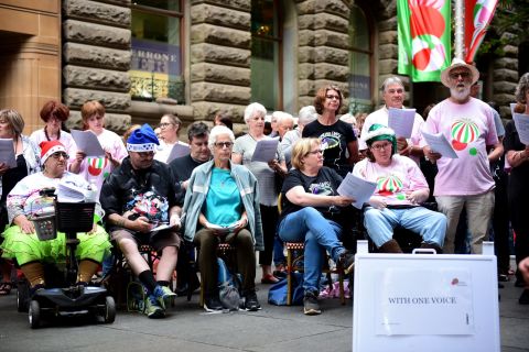 With One Voice choir performs in Martin Place. Photo: Michael Vella