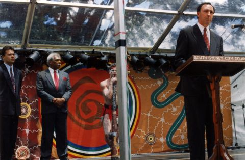 Stan Grant, Sol Bellear, Matt Doyle and Prime Minister Paul Keating at the launch of the International Year of the World’s Indigenous Peoples, Redfern Park. Images of Sol Bellear are used with family permission. Photo: John Paoloni / City of Sydney Archives A-00022301