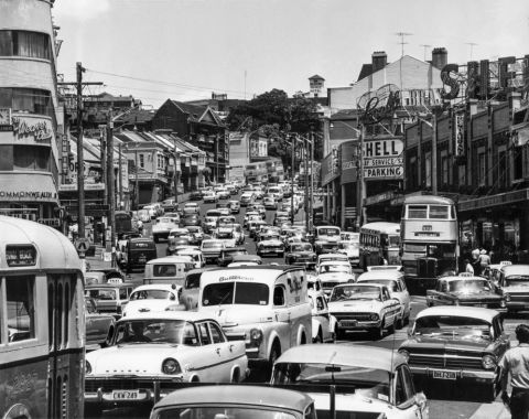 Heavy traffic in both directions, Bayswater Road, Darlinghurst, 1960 (City of Sydney Archives, A-00008629)