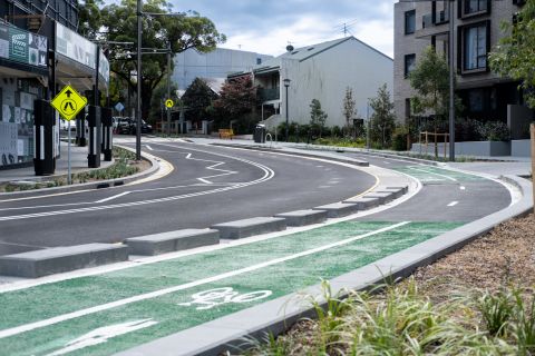 Portman Street has a new separated cycleway and landscaping. 