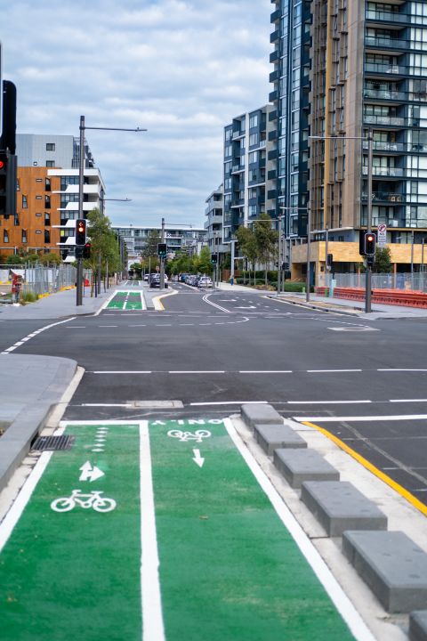 The quiet way feeds into new bike links in Green Square, such as this cycleway on Zetland Avenue.