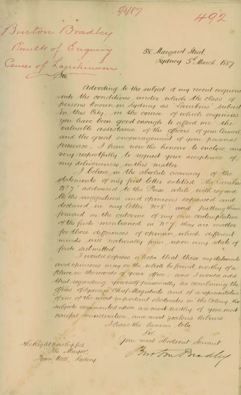 Letter - Deliverance by Burton Bradley on the subject of the larrikin, 1887. City of Sydney Archives A-00312514