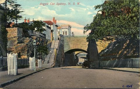 Handcoloured postcard looking east to the Argyle Cut, Argyle Street Millers Point, c. 1908. City of Sydney Archives A-00010263