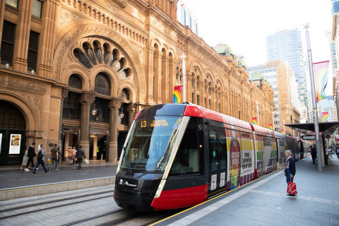 Light rail in front of the QVB (Photo by Mark Metcalfe)