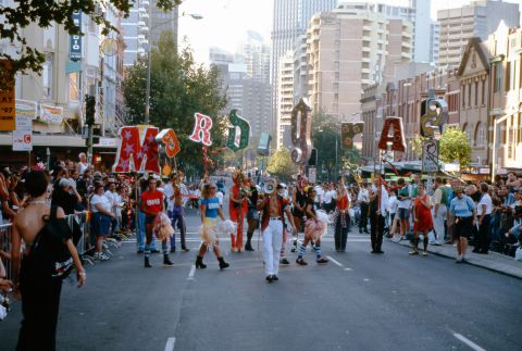 Oxford Street before the Sydney Gay &amp; Lesbian Mardi Gras Parade in 1998. Photographer C.Moore Hardy, courtesy City of Sydney Archives (A-00070131).