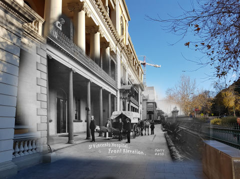 St Vincent&#39;s Hospital, photo care of Kerry and Co, c. 1884-1917. Credit: Tyrrell Photographic Collection, Museum of Applied Arts &amp; Sciences. Composite by Marwin Elkoj with original photo taken in 2018.