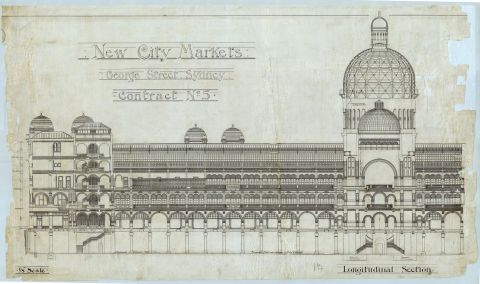Queen Victoria Building plans, longitudinal section 1892. Image: City of Sydney Archives.