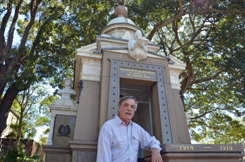 Local historian Max Solling at the restored Glebe War Memorial.