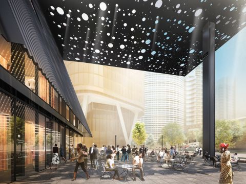 Artist impression of 180 George Street showing the plaza building with its canopy artwork central to the impressive space. Credit: Lendlease