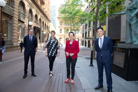 (L-R) NSW Treasurer Dominic Perrottet, Sydney Symphony Orchestra CEO Emma Dunch Lord Mayor Clover Moore and Minister for Customer Service Victor Dominello
