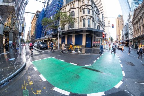 The junction of Pitt and King Street cycleways.