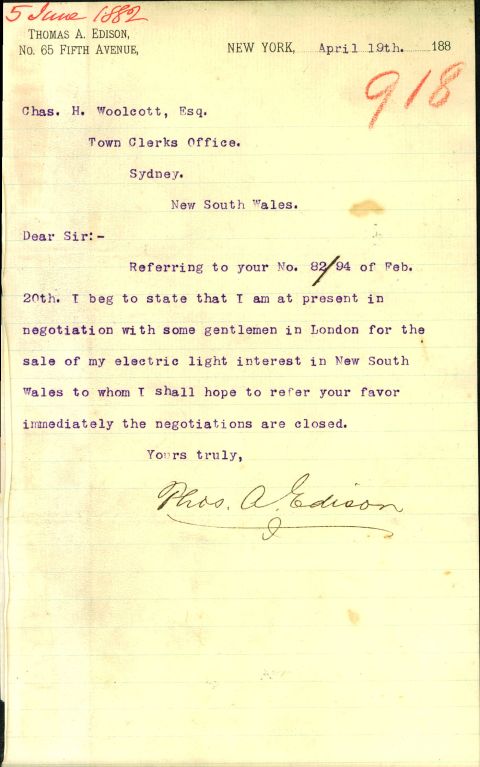 Letter -Thomas A Edison regarding negotiations to sell electric light interests, 1888 (City of Sydney Archives: A-000308483)