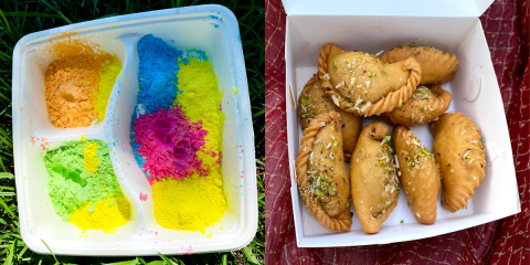 Colourful powder and gujiya – a popular sweet eaten on Holi 
