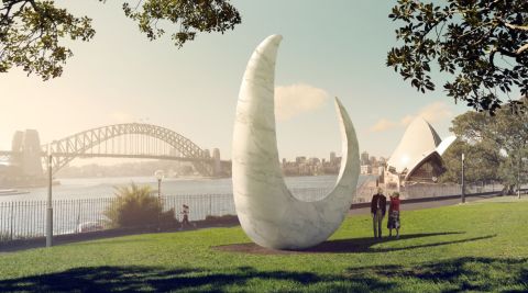 ‘bara’, Judy Watson 2021. Monument for the Eora above Dubbagullee (Bennelong Point)