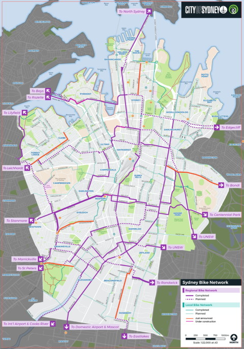 A map showing the 6 new cycleways in the city 