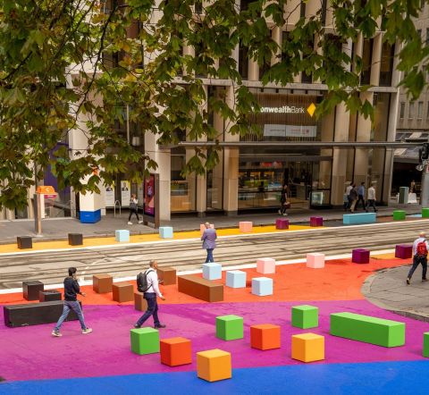 The George Street Pride flag project is part of the NSW Government&#39;s Streets as Shared Spaces program. Photo: Abril Felman / City of Sydney