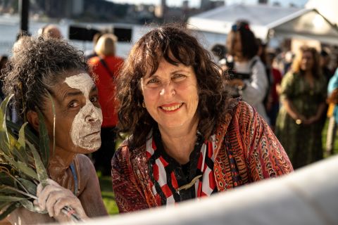 &#39;bara&#39; creator, Judy Watson, with Rayma Johnson from the Burrundi Theatre for Performing Arts. Photo: Chris Southwood, City of Sydney.
