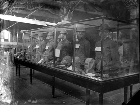 Sydney Royal Easter Show Pavilion with gas masks on mannequins exhibit, circa 1920, City of Sydney Archives A-01153294