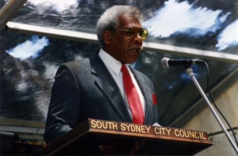 The late Solomon Bellear AM at the launch of the International Year of the World’s Indigenous Peoples. Photo: John Paoloni / City of Sydney Archives A-00022320