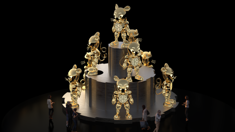 Be amazed by Claudia Chan Shaw&#39;s towering Lunar Lantern of 9 tall gold metallic rat robots