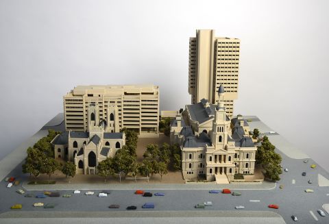 Model of Town Hall House, Sydney Square, Sydney Town Hall and St Andrew&#39;s Cathedral by modelmakers Porter Models to a design by Ken Woolley of Ancher, Mortlock and Woolley for the City of Sydney Council, 1972. City of Sydney Civic Collection 2017.026.001. Image by William Newell