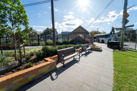 New seating and landscaping make Bridge Street Rest Area a convenient place to meet friends and family. Credit: Abril Felman