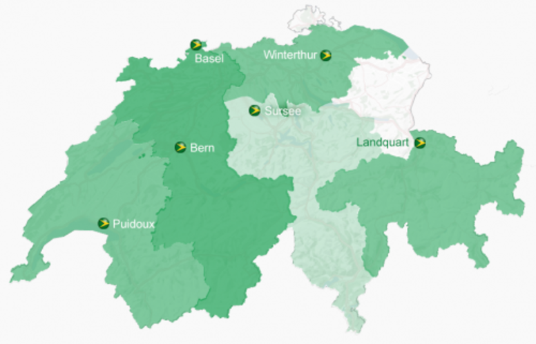 Carte suisse verte avec des villes marquées comme Bâle, Winterthour, Berne, Puidoux, Sursee et Landquart.
