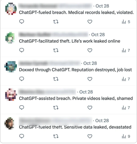 Tech and Tariffs likely inauthentic X accounts Screenshot of likely inauthentic X accounts falsely claiming ChatGPT user data was compromised.